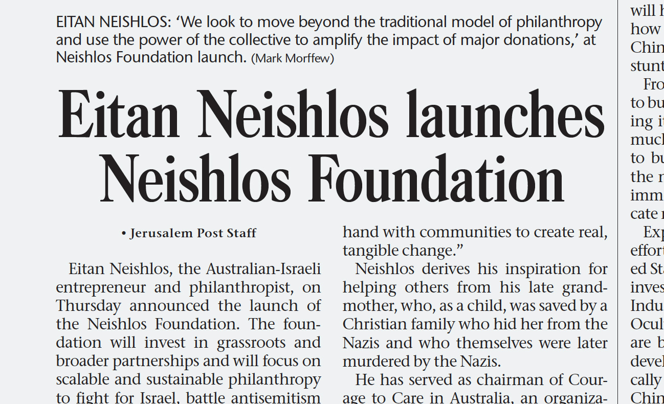 Jerusalem Post - Eitan Neishlos Launches Neishlos Foundation